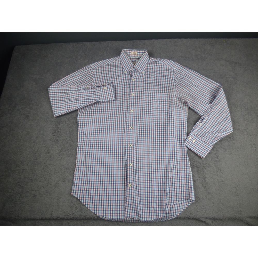 Peter Millar Mens Medium Cotton Button Down Shirt Blue Red Plaid Long Sleeve
